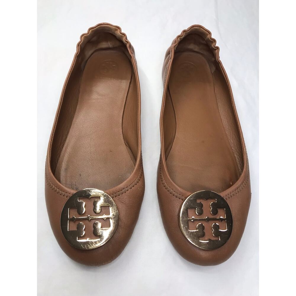 Tory Burch Minnie Reva Travel Ballet Flats Royal Tan Pecan Praline Gold Size 8.5